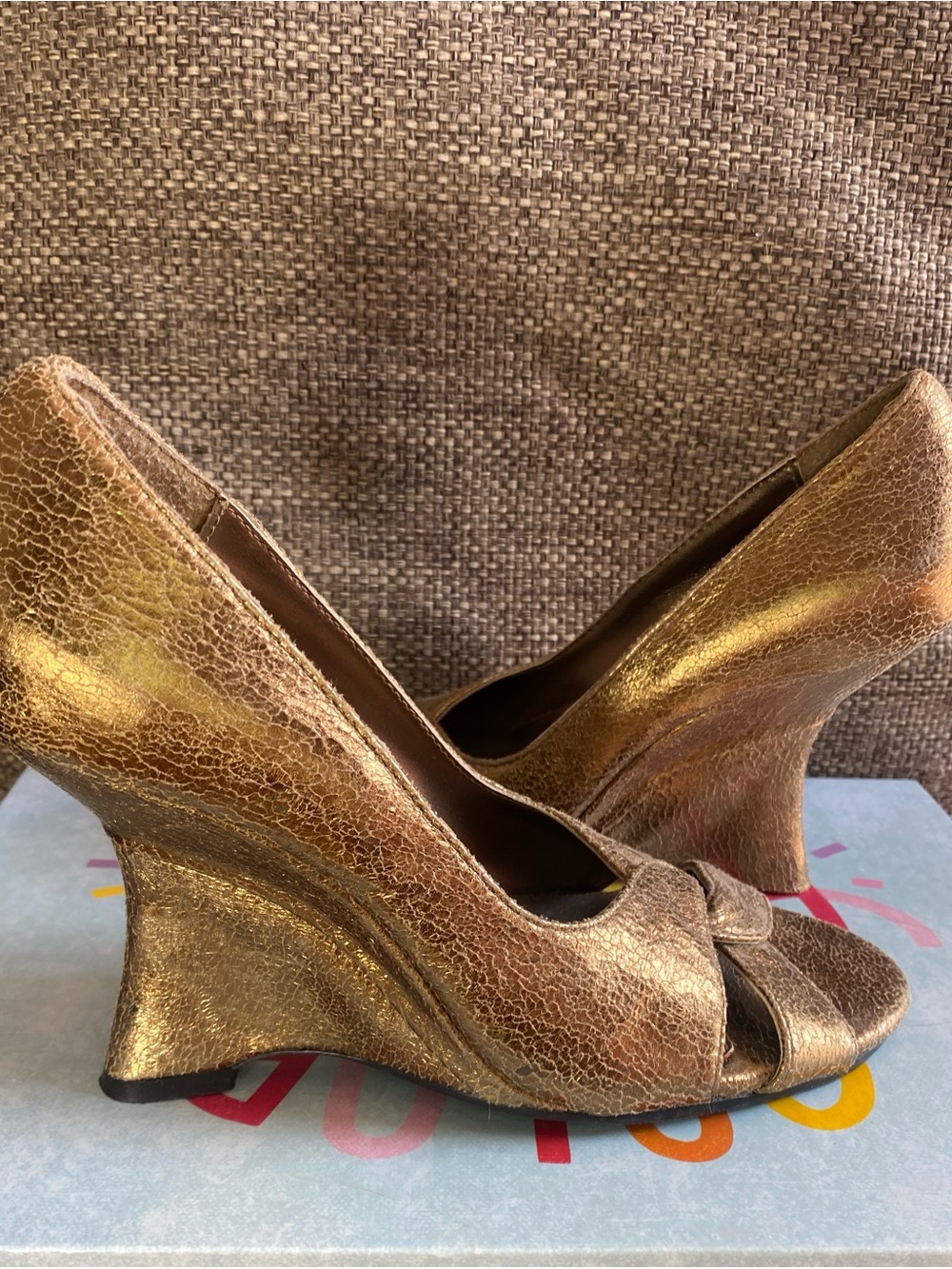 Shiekh Metallic Bronze Wedge Peep-Toe Heels (size 7)